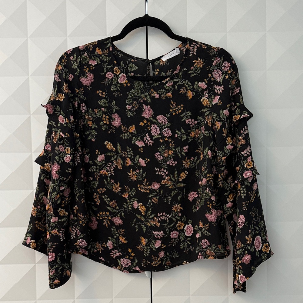 Lush Black Floral Ruffle Blouse